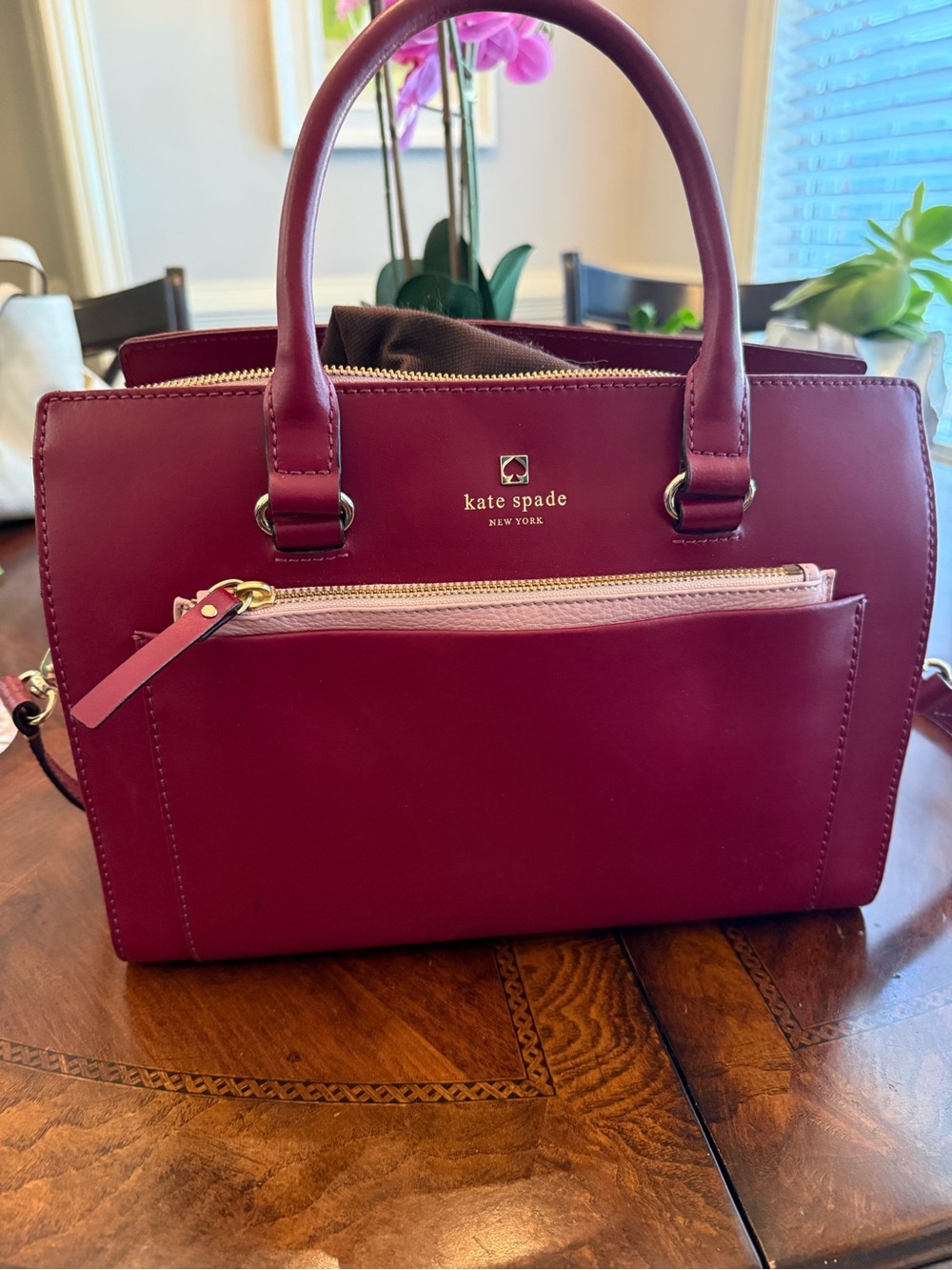 kate spade burgundy and pink leather shoulder satchel
